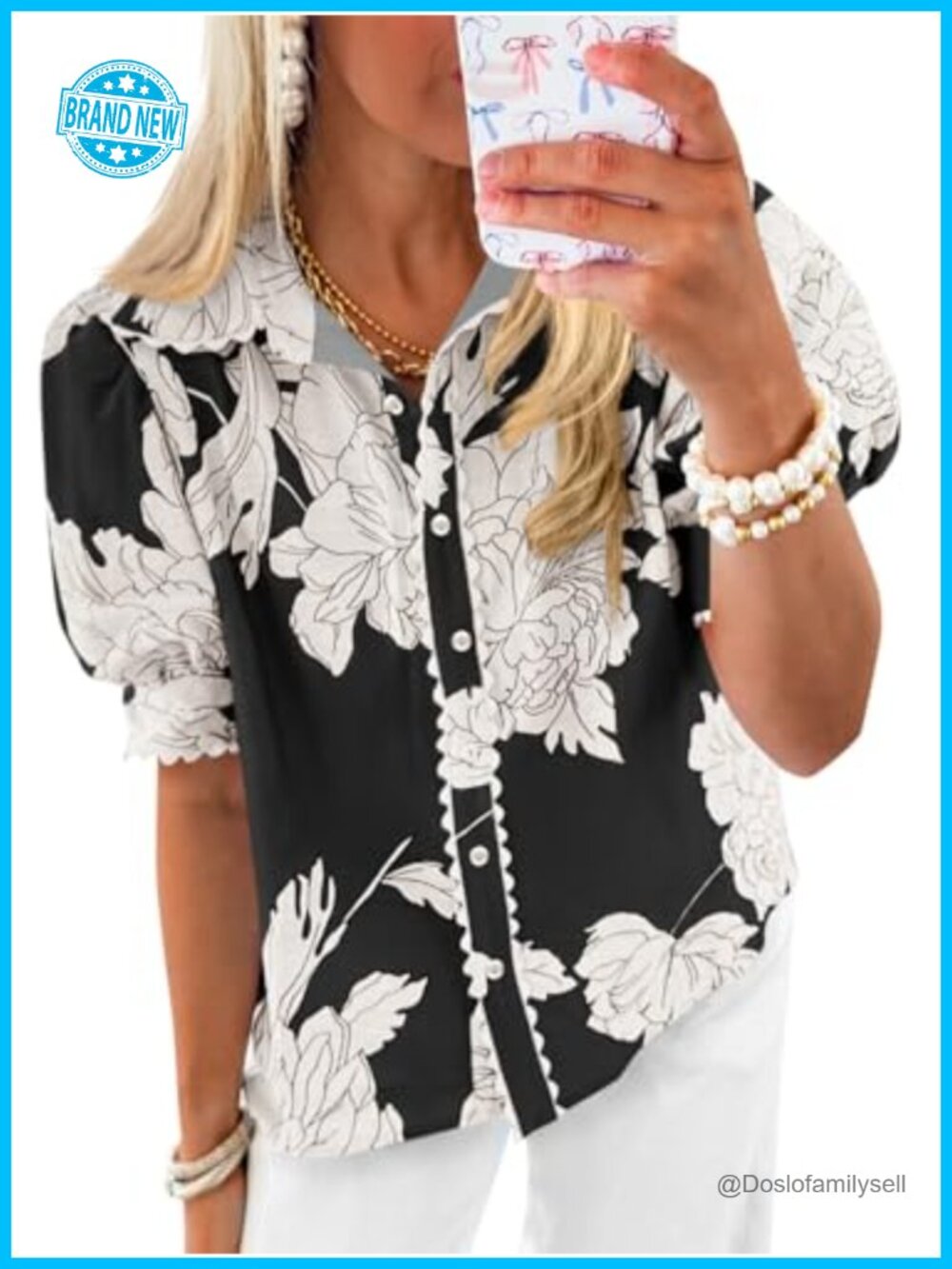 Womens Floral Puff Sleeve Button Down Blouse Loose Summer Top